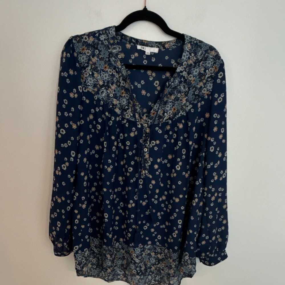 DR2 Women's‎ Blue Floral Chiffon V-Neck Long Sleeve Tunic Blouse M Polyester